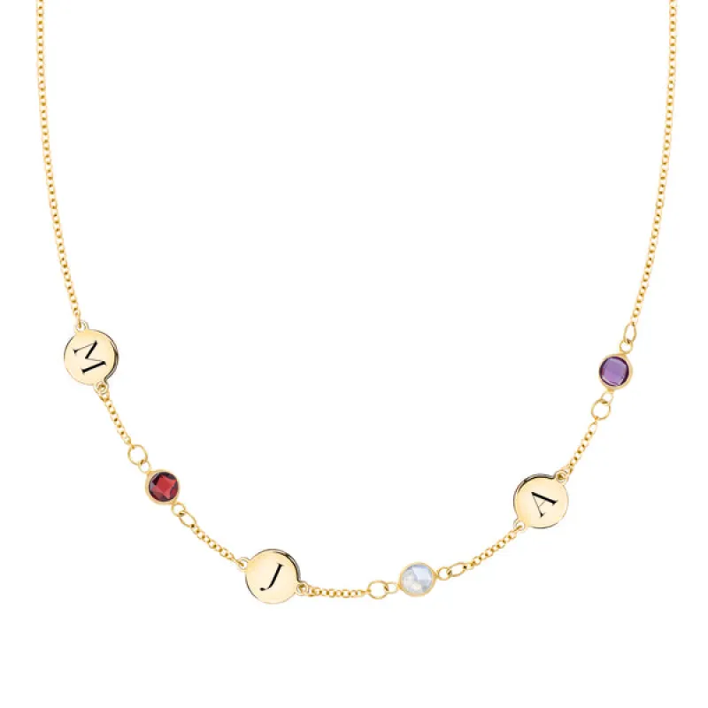 Personalized Classic 3 Letter & 3 Birthstone Necklace in 14k Gold (Single Spacing) sold by Haverhill