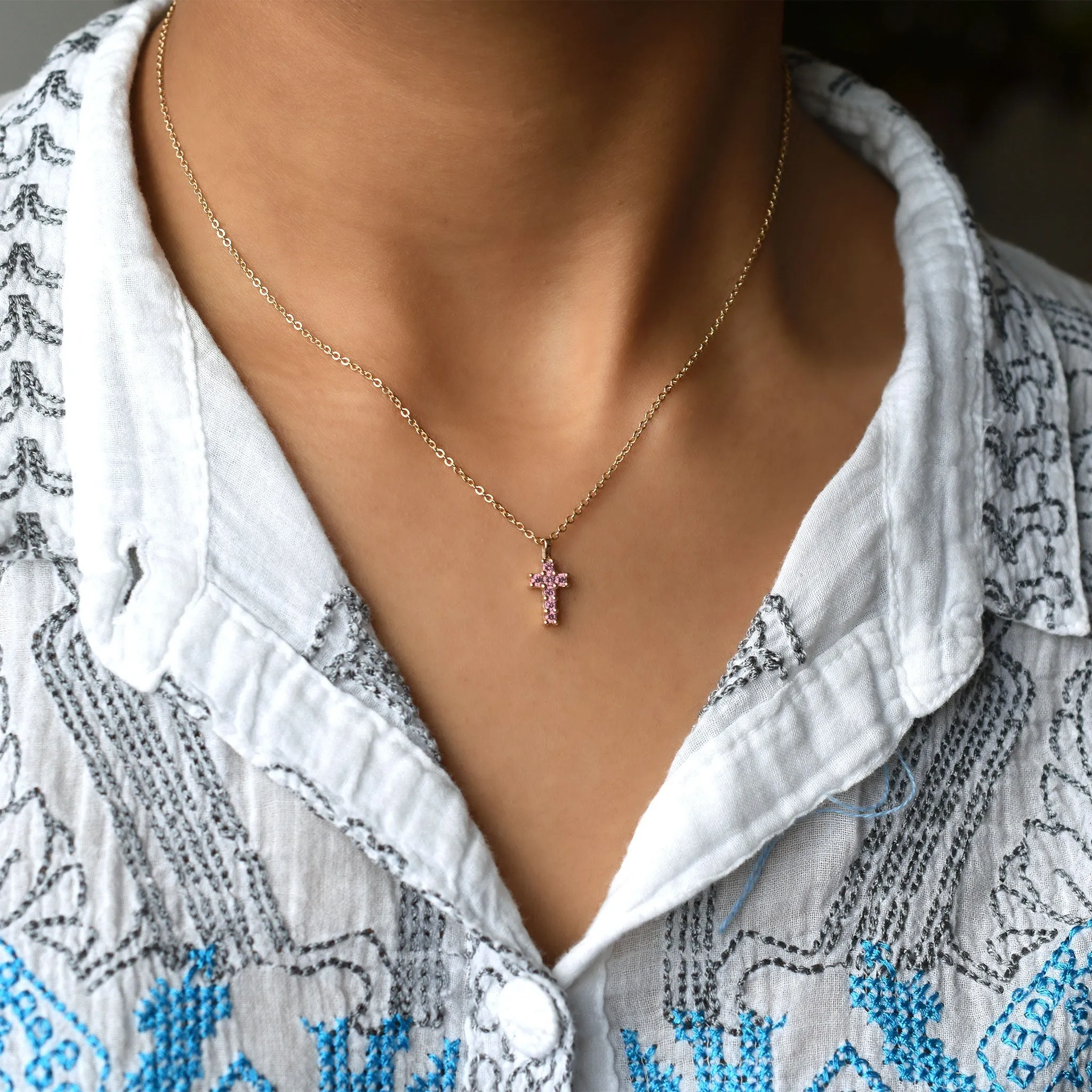 Rosecliff Small Cross Pink Sapphire Pendant in 14k Gold (October) sold by Haverhill product image thumbnail 2