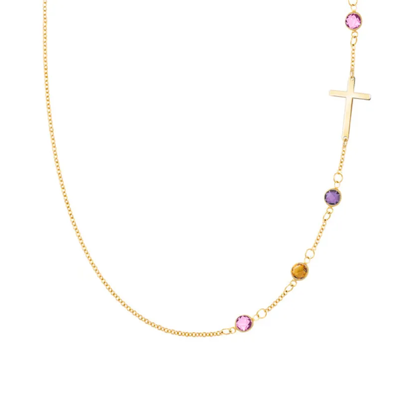 Personalized Classic Cross & 4 Birthstone Necklace in 14k Gold sold by Haverhill