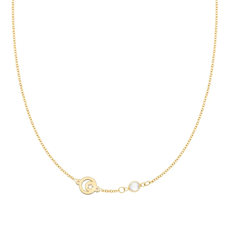 Personalized Crescent & Star Disc & Classic 1 Birthstone Necklace in 14k Gold sold by Haverhill