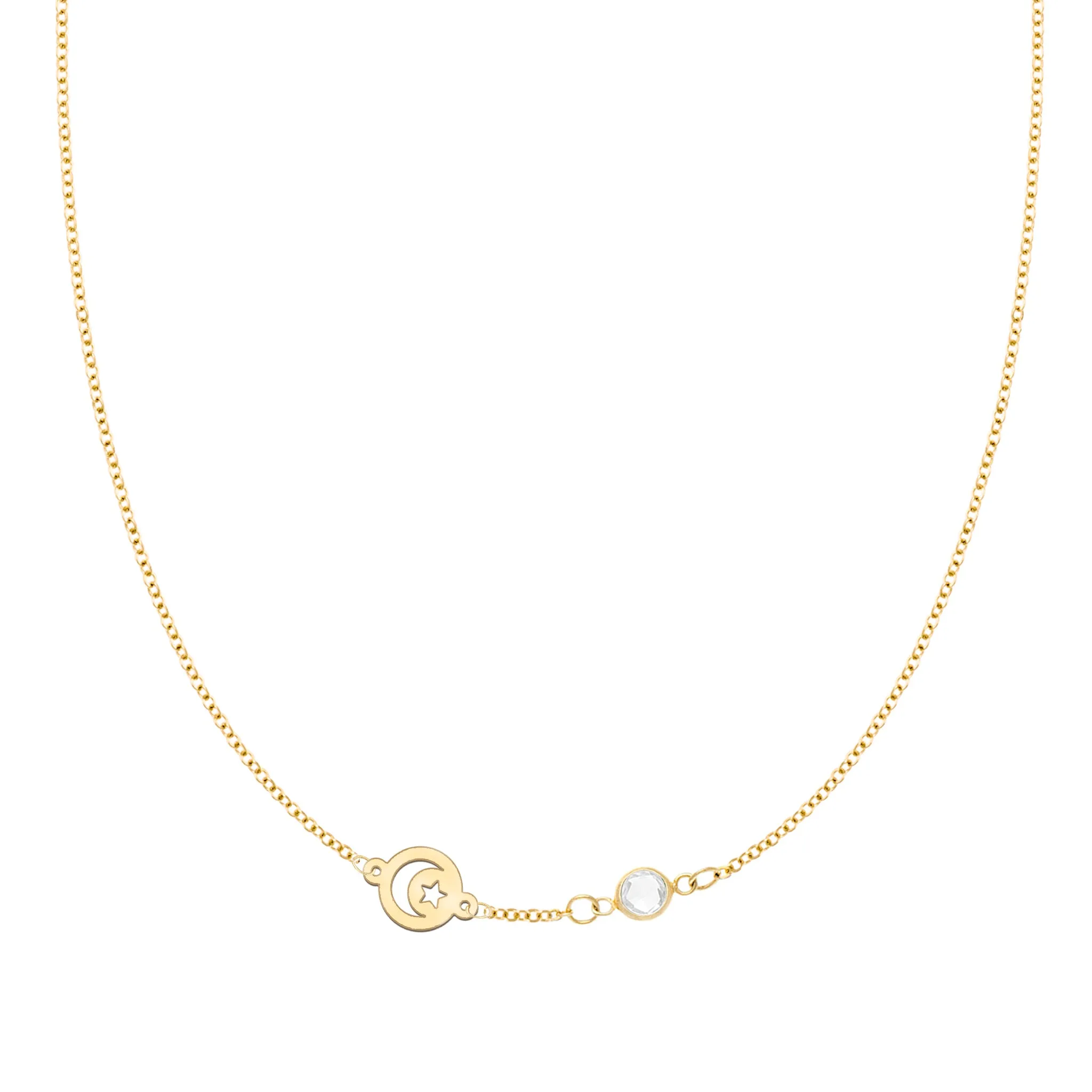 Personalized Crescent & Star Disc & Classic 1 Birthstone Necklace in 14k Gold sold by Haverhill