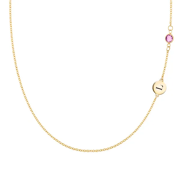Personalized Classic 1 Letter & 1 Pink Sapphire Necklace in 14k Gold (October) sold by Haverhill