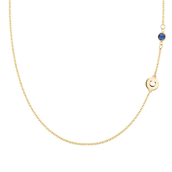 Personalized Classic 1 Letter & 1 Sapphire Necklace in 14k Gold (September) sold by Haverhill