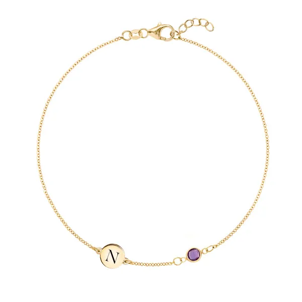Personalized Classic 1 Letter & 1 Amethyst Bracelet in 14k Gold (February) sold by Haverhill