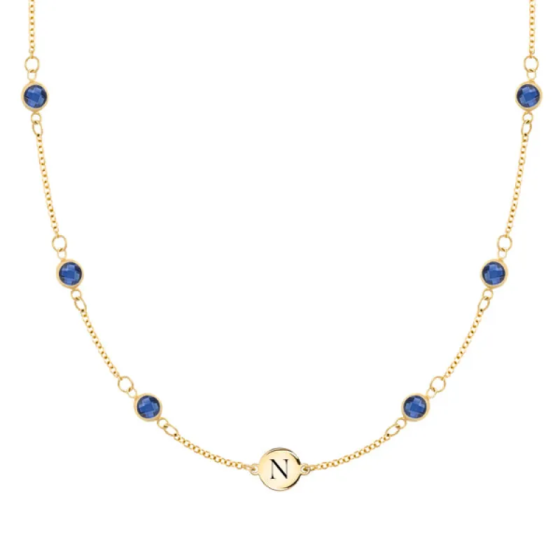 Personalized Classic 1 Letter & 6 Birthstone Necklace in 14k Gold (Double Spacing) sold by Haverhill