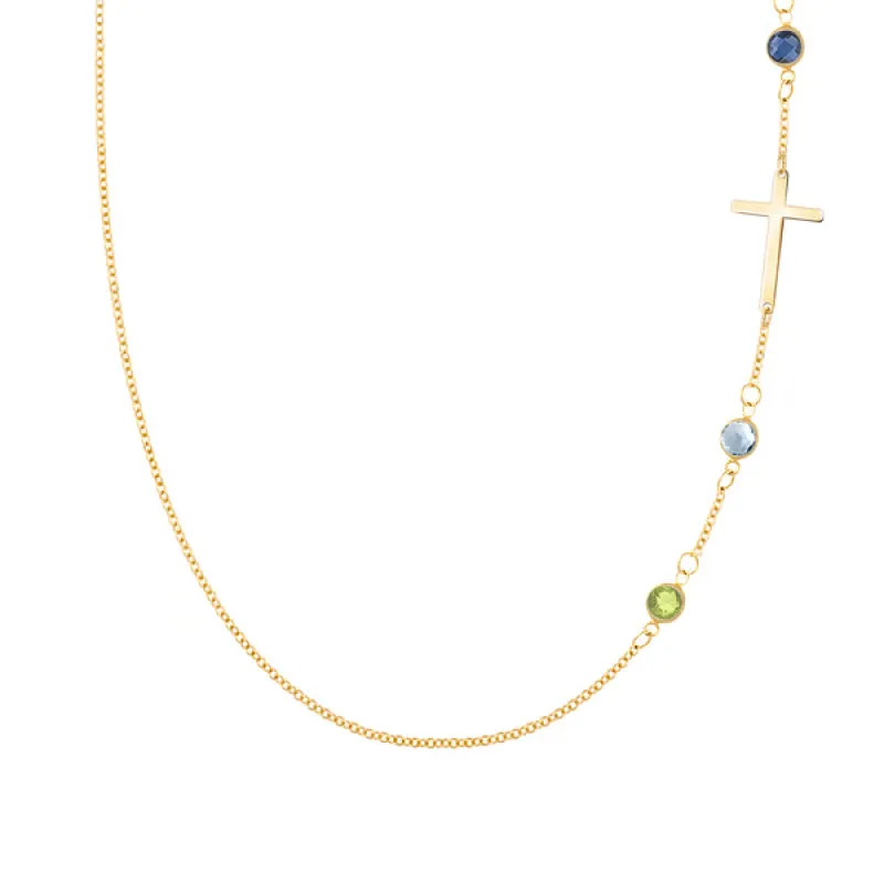Personalized Classic Cross & 3 Birthstone Necklace in 14k Gold sold by Haverhill