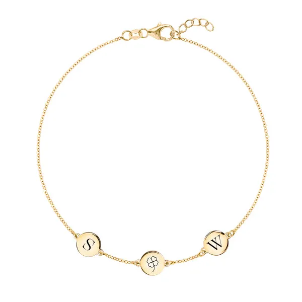 Personalized Clover Disc & 2 Letter Bracelet in 14k Gold sold by Haverhill