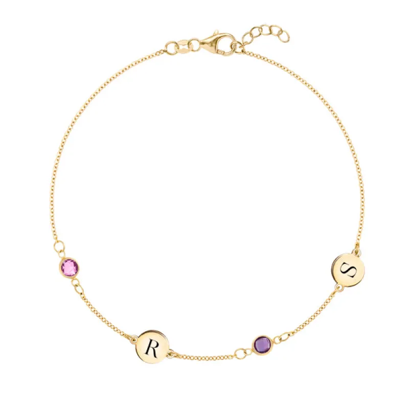 Personalized Classic 2 Letter & 2 Birthstone Bracelet in 14k Gold sold by Haverhill