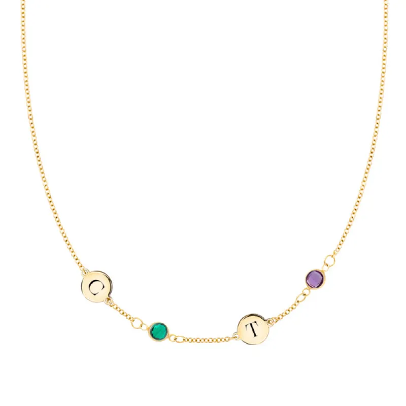 Personalized Classic 2 Letter & 2 Birthstone Necklace in 14k Gold (Single Spacing) sold by Haverhill