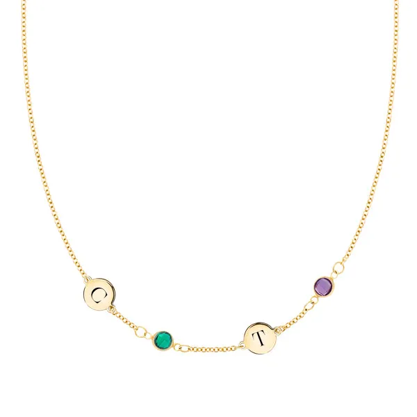 Personalized Classic 2 Letter & 2 Birthstone Necklace in 14k Gold (Single Spacing) sold by Haverhill