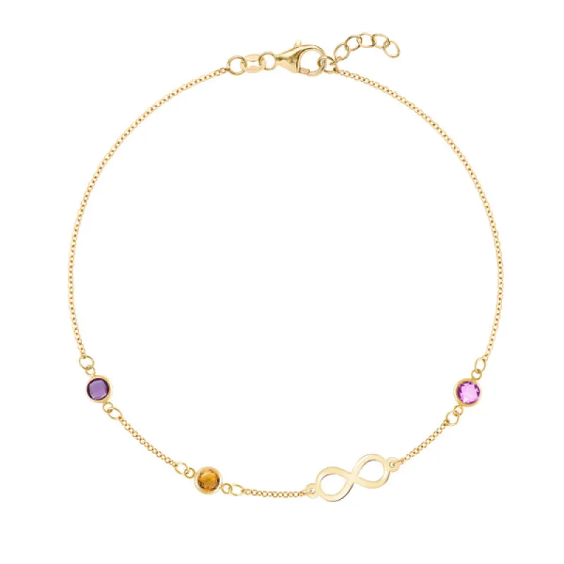 Personalized Classic Infinity & 3 Birthstone Bracelet in 14k Gold sold by Haverhill