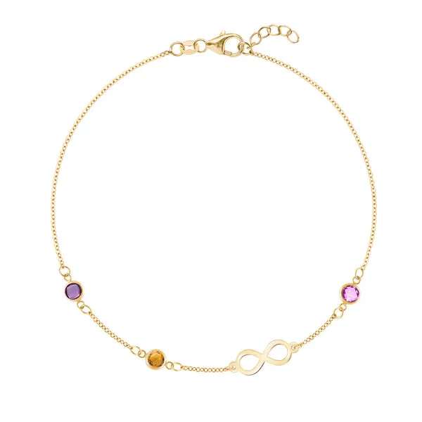 Personalized Classic Infinity & 3 Birthstone Bracelet in 14k Gold sold by Haverhill