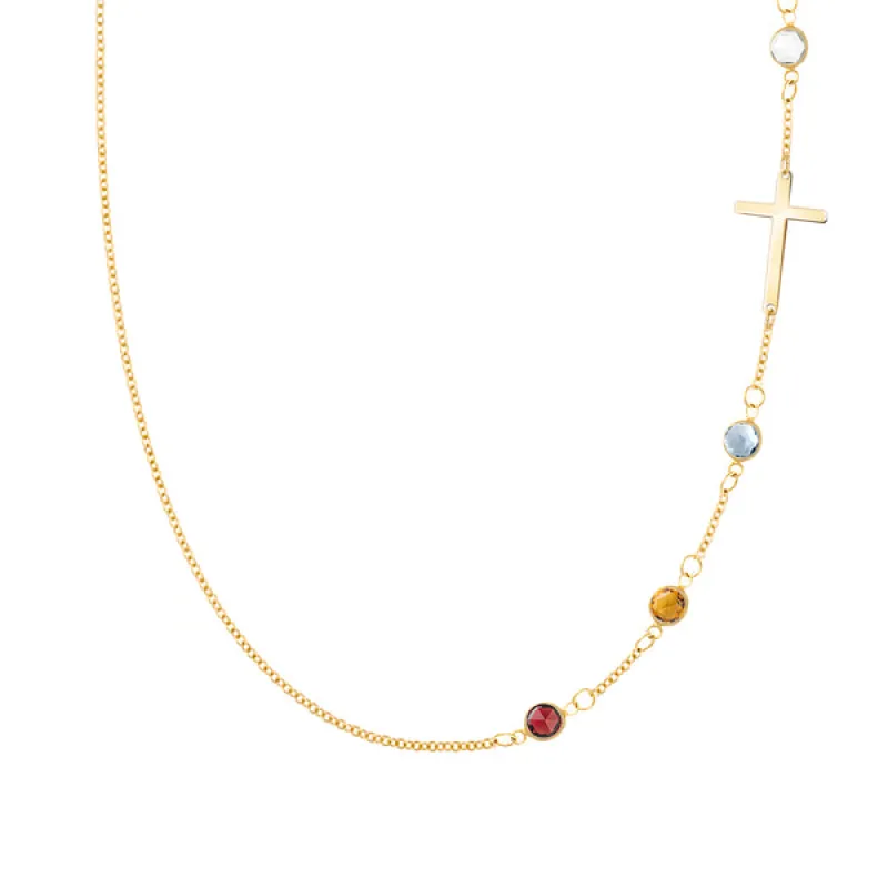 Personalized Classic Cross & 4 Birthstone Necklace in 14k Gold sold by Haverhill