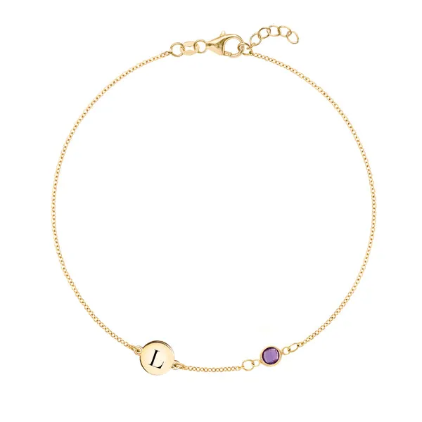 Personalized Classic 1 Letter & 1 Amethyst Bracelet in 14k Gold (February) sold by Haverhill
