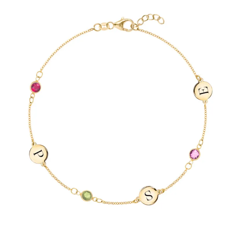 Personalized 3 Letter & 3 Classic Birthstone Bracelet in 14k Gold sold by Haverhill
