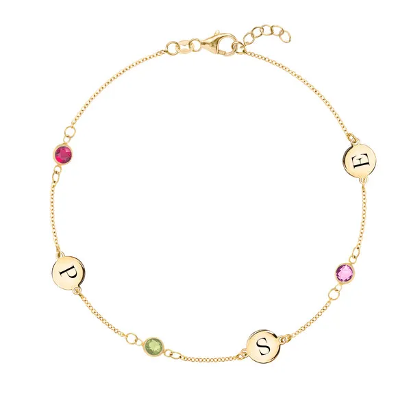 Personalized 3 Letter & 3 Classic Birthstone Bracelet in 14k Gold sold by Haverhill