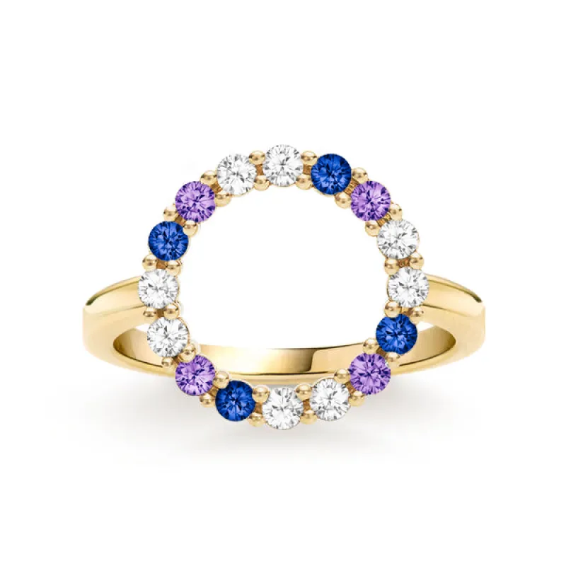 Personalized Rosecliff Circle Birthstone Ring in 14k Gold sold by Haverhill