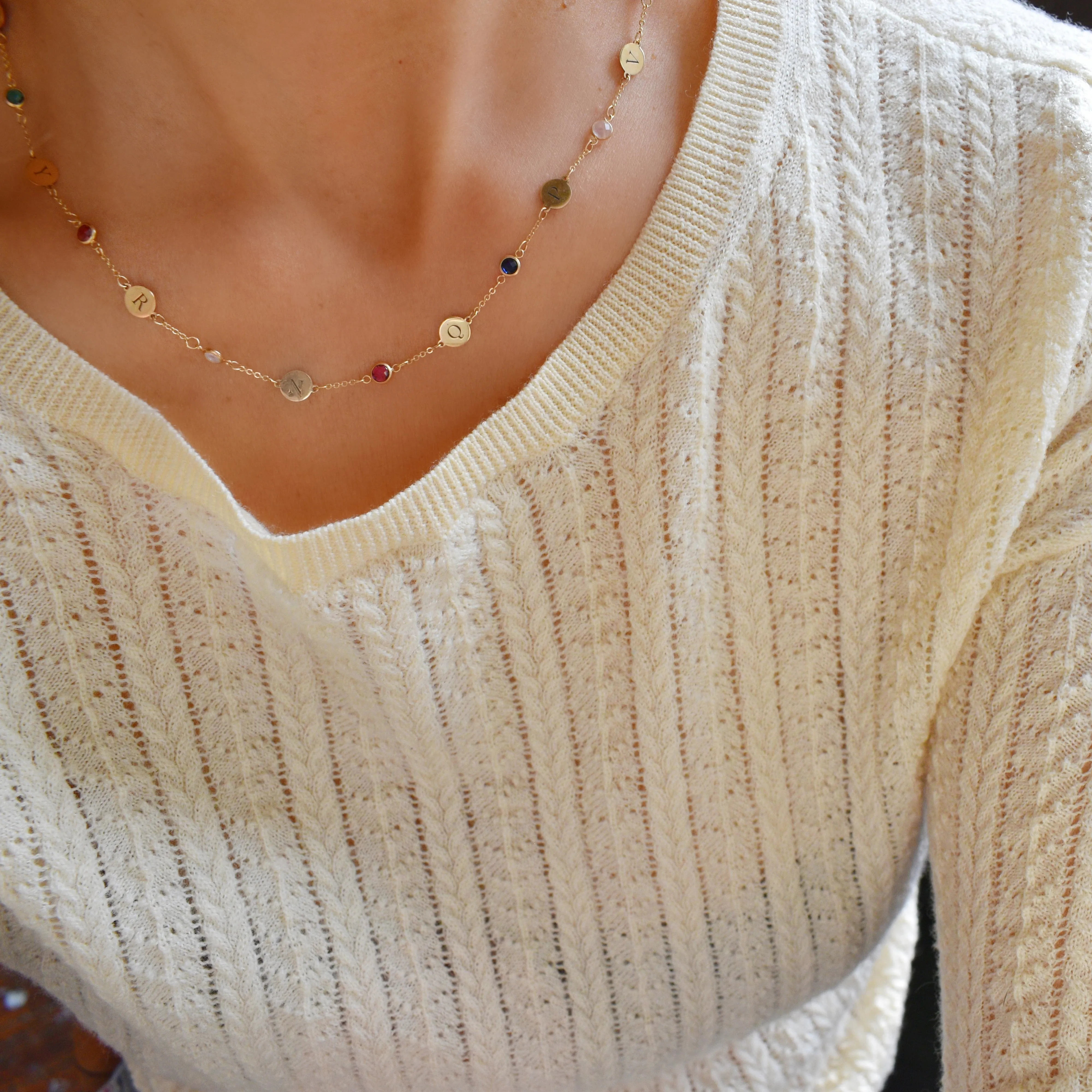 Personalized Classic 8 Letter & 8 Birthstone Necklace in 14k Gold (Single Spacing) sold by Haverhill product image thumbnail 2