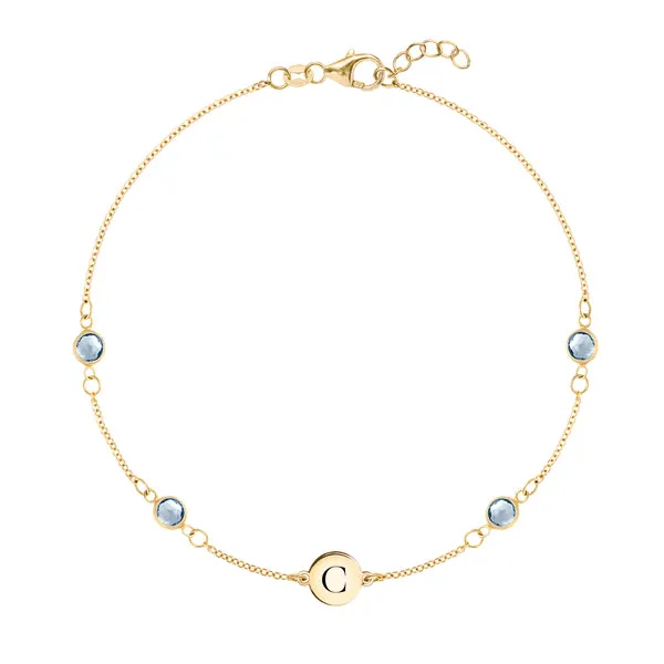 Personalized Classic 1 Letter & 4 Aquamarine Bracelet in 14k Gold (March) sold by Haverhill