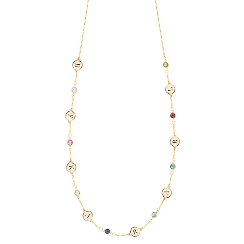 Personalized Classic 8 Letter & 8 Birthstone Necklace in 14k Gold (Single Spacing) made by Haverhill
