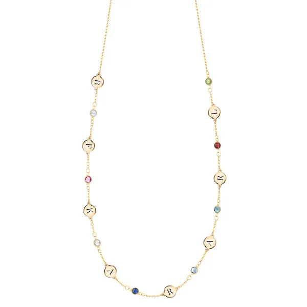 Personalized Classic 8 Letter & 8 Birthstone Necklace in 14k Gold (Single Spacing) sold by Haverhill