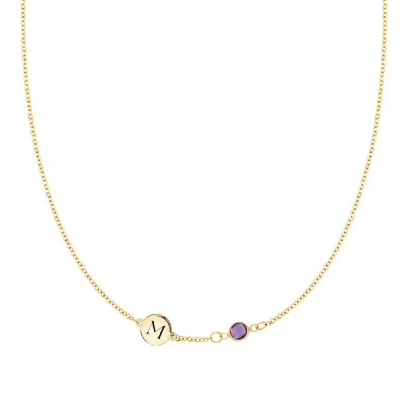 Personalized Classic 1 Letter & 1 Birthstone Necklace in 14k Gold (Single Spacing) sold by Haverhill