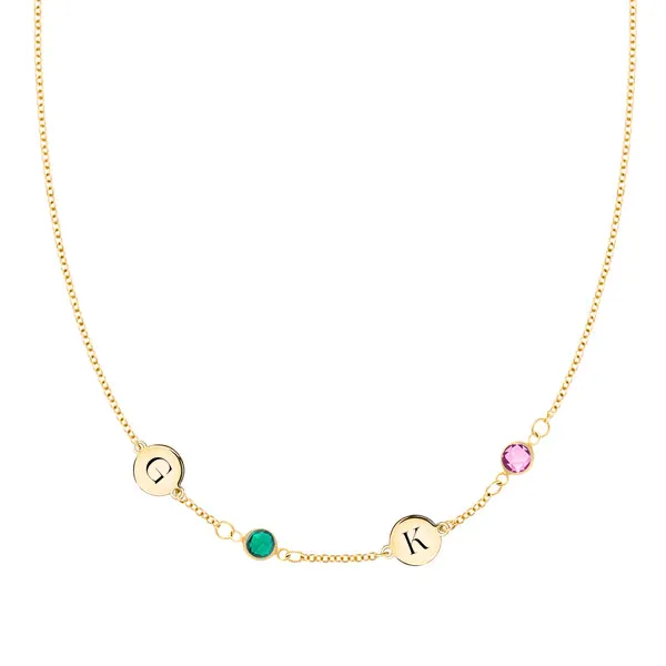 Personalized Classic 2 Letter & 2 Birthstone Necklace in 14k Gold (Single Spacing) sold by Haverhill