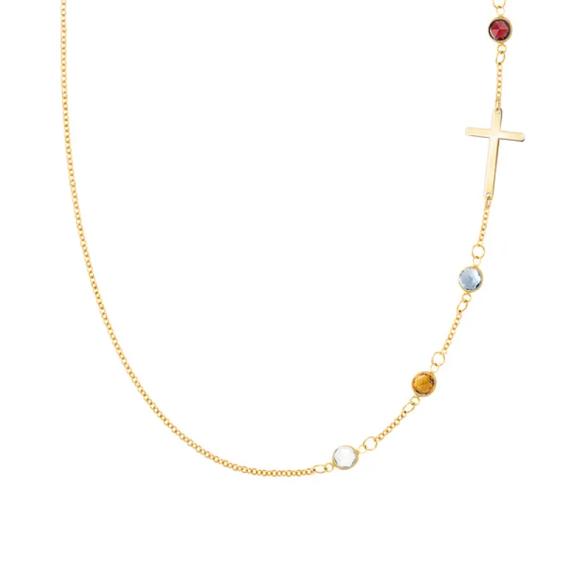Personalized Classic Cross & 4 Birthstone Necklace in 14k Gold sold by Haverhill