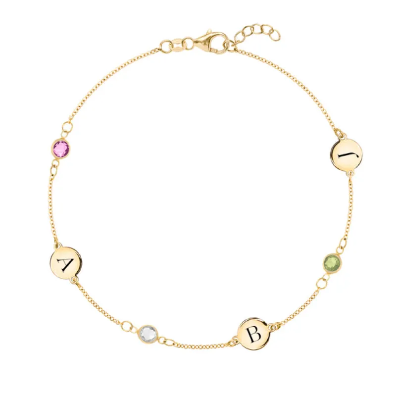 Personalized 3 Letter & 3 Classic Birthstone Bracelet in 14k Gold sold by Haverhill