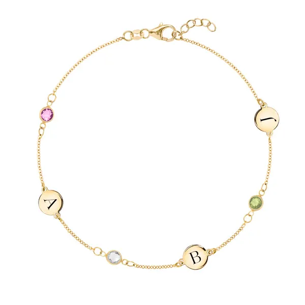 Personalized 3 Letter & 3 Classic Birthstone Bracelet in 14k Gold sold by Haverhill