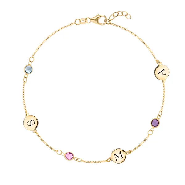 Personalized Classic 3 Letter & 3 Birthstone Bracelet in 14k Gold sold by Haverhill