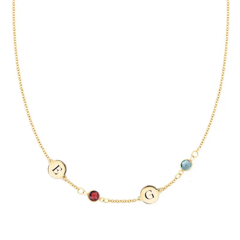 Personalized Classic 2 Letter & 2 Birthstone Necklace in 14k Gold (Single Spacing) sold by Haverhill
