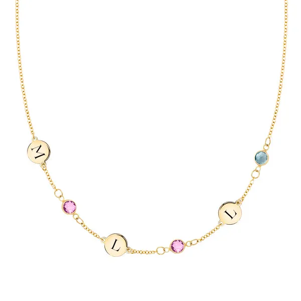 Personalized Classic 3 Letter & 3 Birthstone Necklace in 14k Gold (Single Spacing) sold by Haverhill