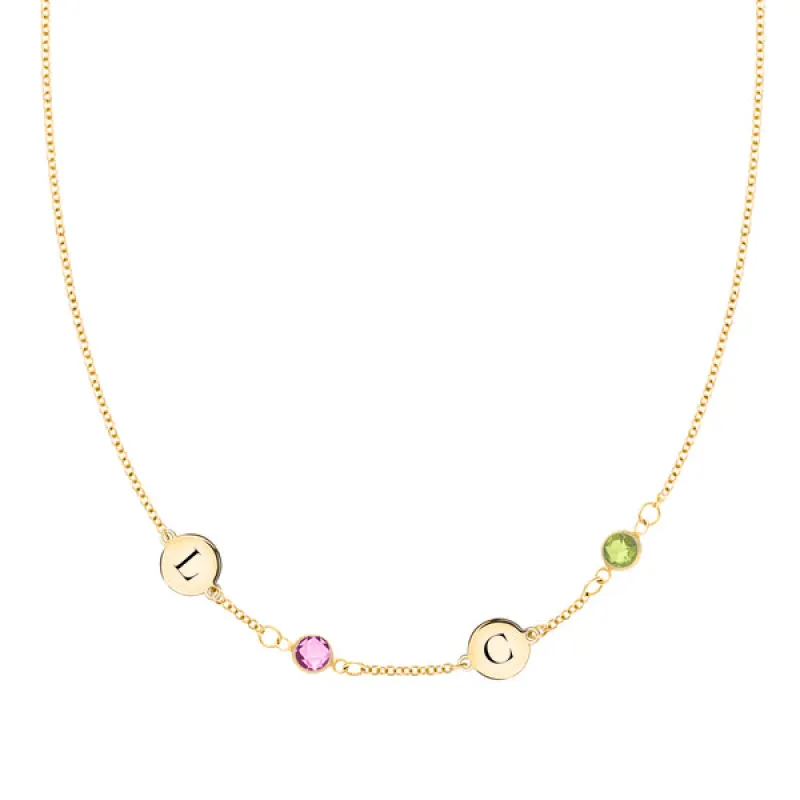 Personalized Classic 2 Letter & 2 Birthstone Necklace in 14k Gold (Single Spacing) sold by Haverhill