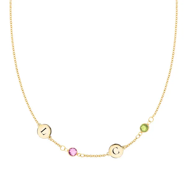Personalized Classic 2 Letter & 2 Birthstone Necklace in 14k Gold (Single Spacing) sold by Haverhill