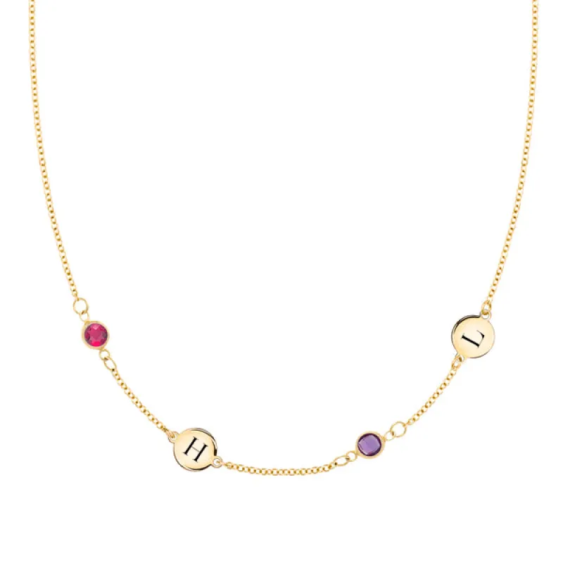 Personalized Classic 2 Letter & 2 Birthstone Necklace in 14k Gold (Double Spacing) sold by Haverhill