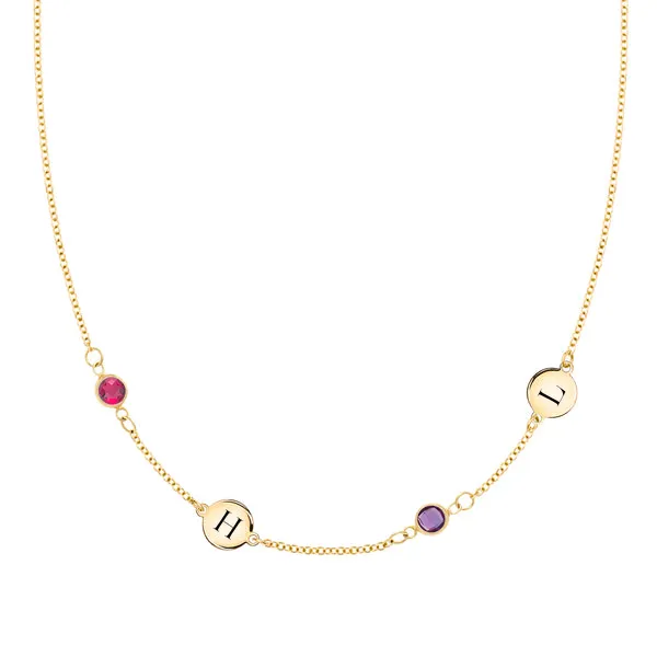 Personalized Classic 2 Letter & 2 Birthstone Necklace in 14k Gold (Double Spacing) sold by Haverhill