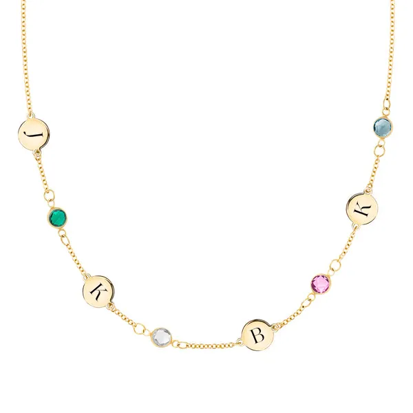 Personalized Classic 4 Letter & 4 Birthstone Necklace in 14k Gold (Single Spacing) sold by Haverhill
