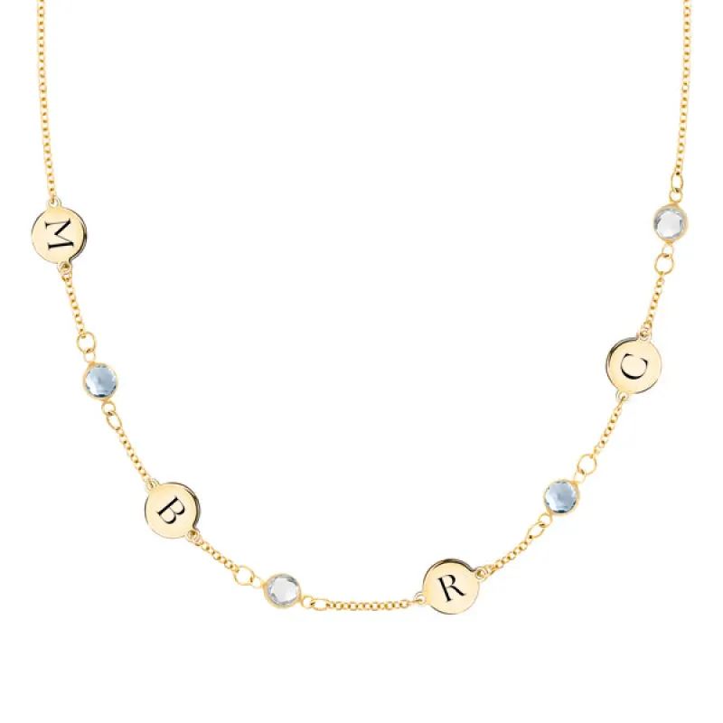 Personalized Classic 4 Letter & 4 Birthstone Necklace in 14k Gold (Single Spacing) sold by Haverhill