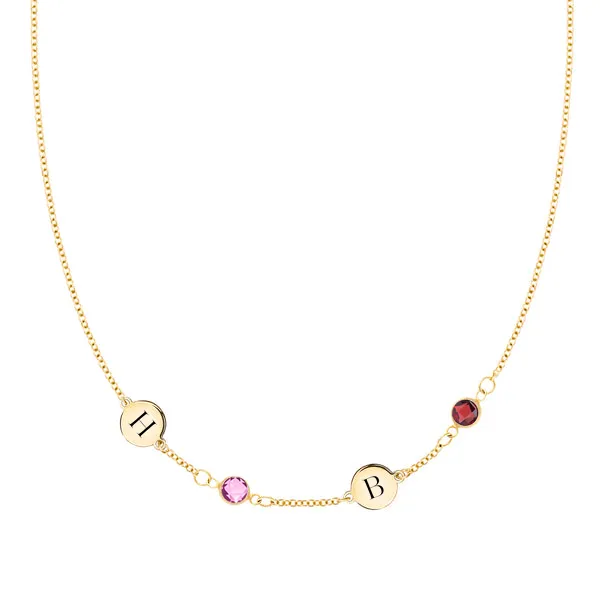 Personalized 2 Letter & 2 Classic Birthstone Necklace in 14k Gold (Single Spacing) sold by Haverhill