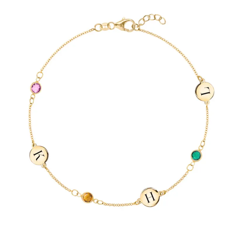 Personalized Classic 3 Letter & 3 Birthstone Bracelet in 14k Gold sold by Haverhill