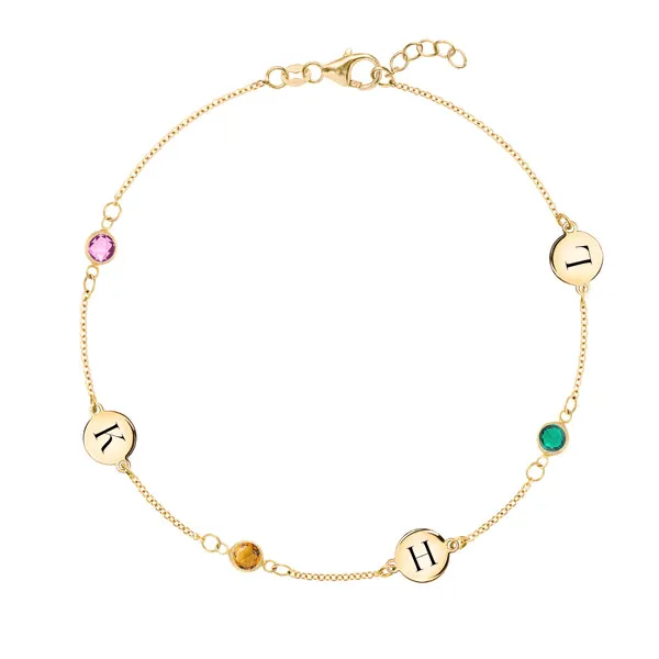 Personalized Classic 3 Letter & 3 Birthstone Bracelet in 14k Gold sold by Haverhill