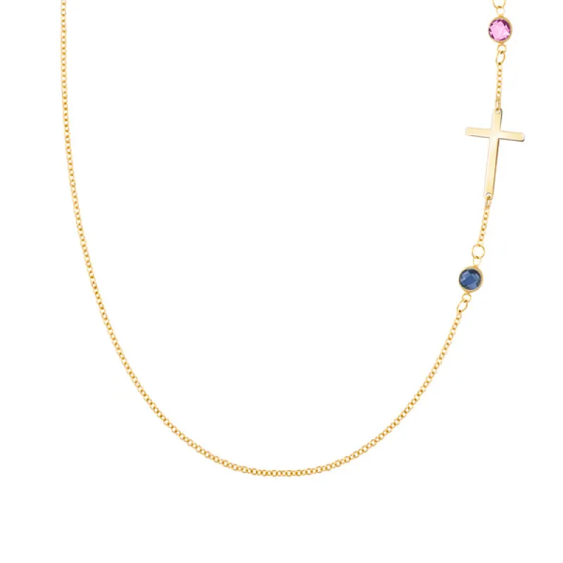 Personalized Classic Cross & 2 Birthstone Necklace in 14k Gold sold by Haverhill