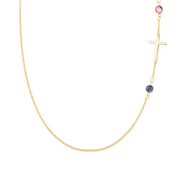 Personalized Classic Cross & 2 Birthstone Necklace in 14k Gold sold by Haverhill
