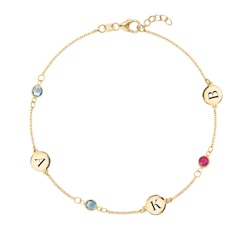Personalized 3 Letter & 3 Classic Birthstone Bracelet in 14k Gold sold by Haverhill