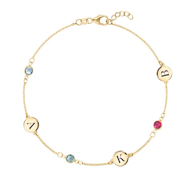 Personalized 3 Letter & 3 Classic Birthstone Bracelet in 14k Gold sold by Haverhill