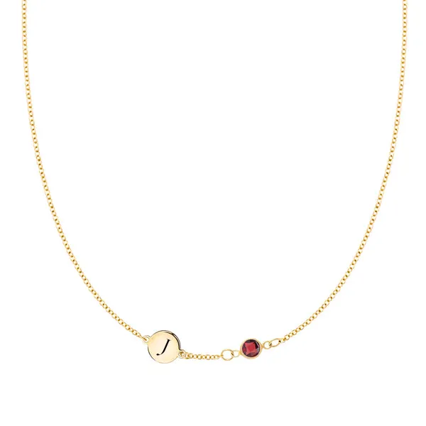 Personalized Classic 1 Letter & 1 Birthstone Necklace in 14k Gold (Single Spacing) sold by Haverhill