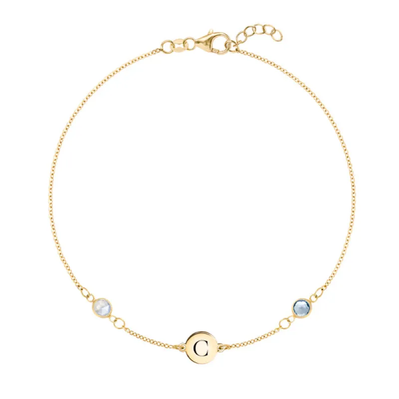 Personalized Classic 1 Letter & 2 Birthstone Bracelet in 14k Gold sold by Haverhill