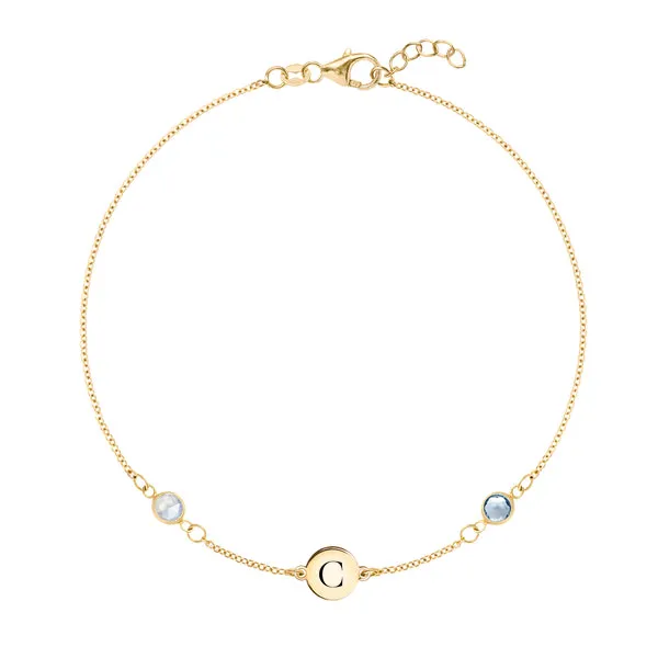 Personalized Classic 1 Letter & 2 Birthstone Bracelet in 14k Gold sold by Haverhill