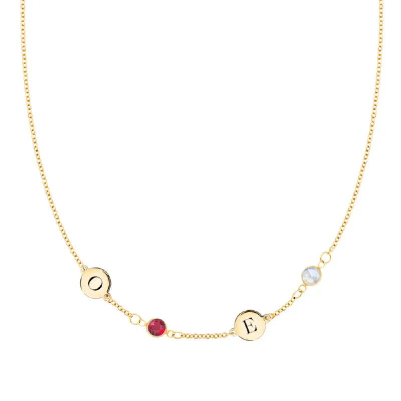 Personalized Classic 2 Letter & 2 Birthstone Necklace in 14k Gold (Single Spacing) sold by Haverhill